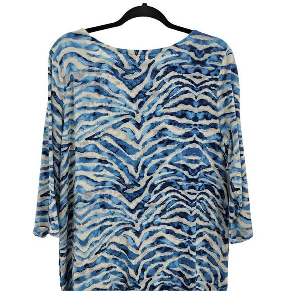 Soft Surroundings Coverup Dress L Blue Animal Tiger Striped Cotton 3/4 Sleeve - Picture 7 of 10